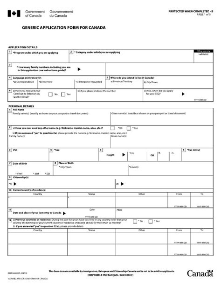 What is generic application form for Canada?